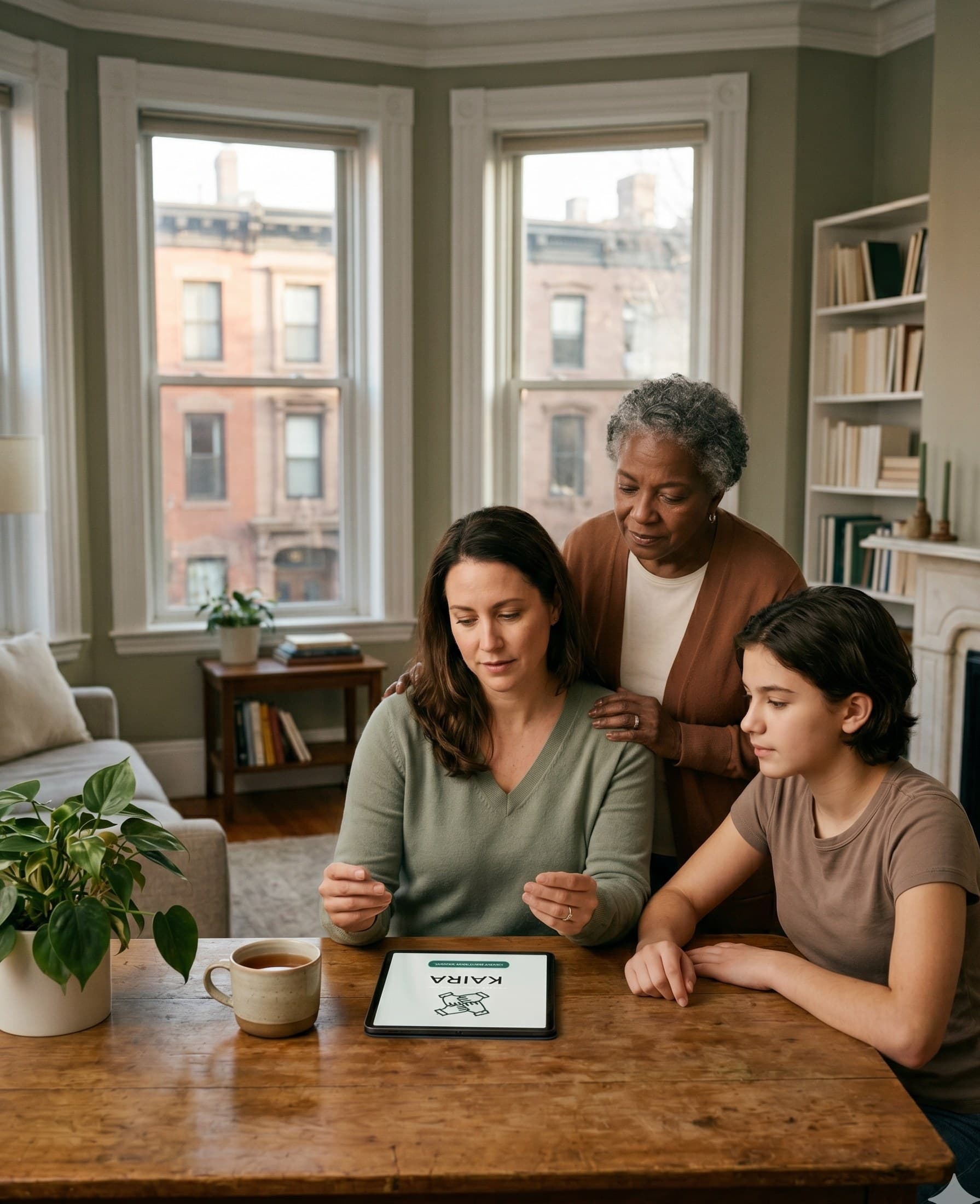A grandmother, mother, and teenager gathered around a tablet showing Kaira